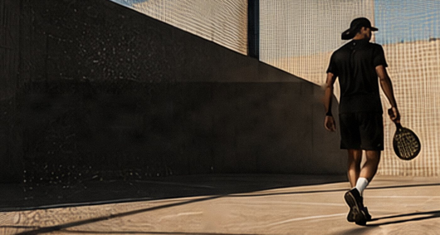 A padel player walking off court with a racket in hand